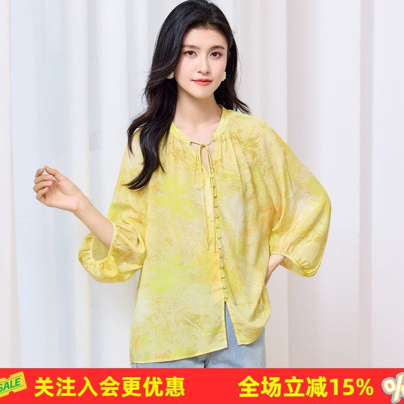 金菊双绉真丝100%桑蚕丝上衣2026夏高级感舒适透气女式T恤