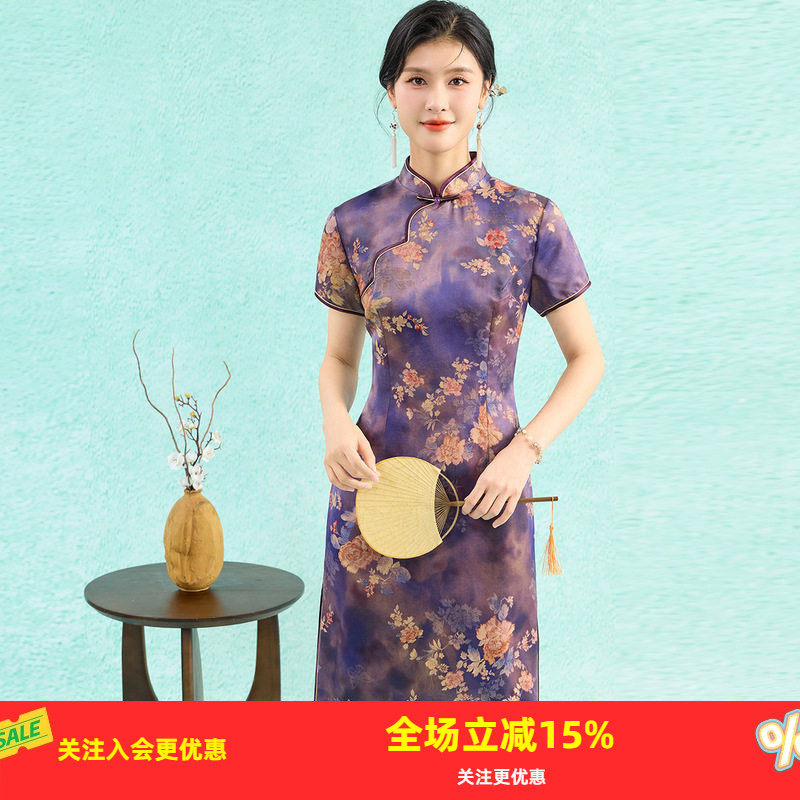 旗开得胜【东方韵味多彩花卉】19姆米桑蚕丝旗袍正肩短袖连衣裙