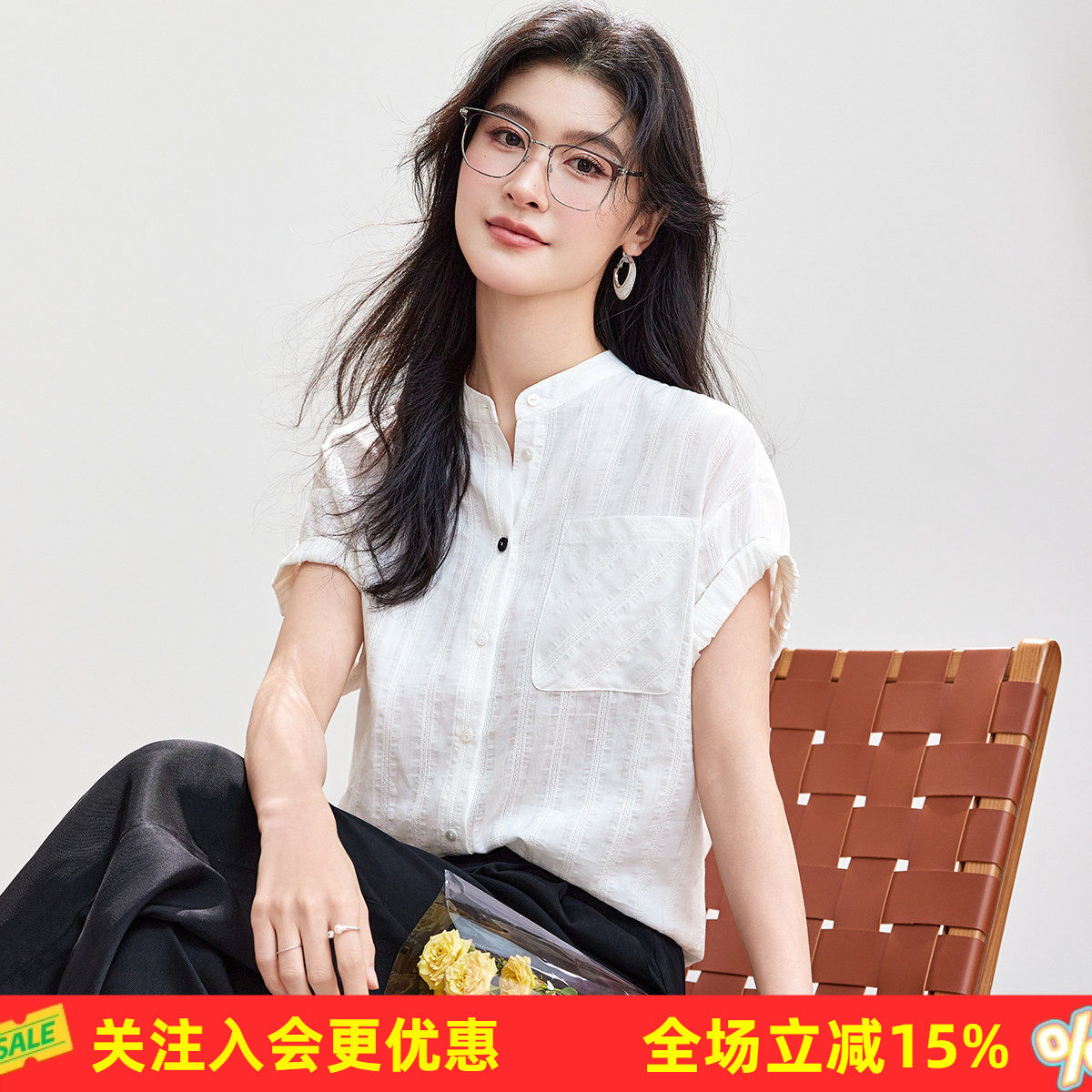 金菊【桑蚕丝+棉横条】淡人穿搭韩式极简风短袖春夏百搭衬衫女