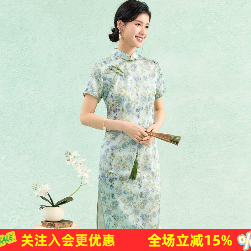 【19姆米新中式旗袍】青出于蓝春秋款弹力缎蔷薇花桑蚕丝连衣裙
