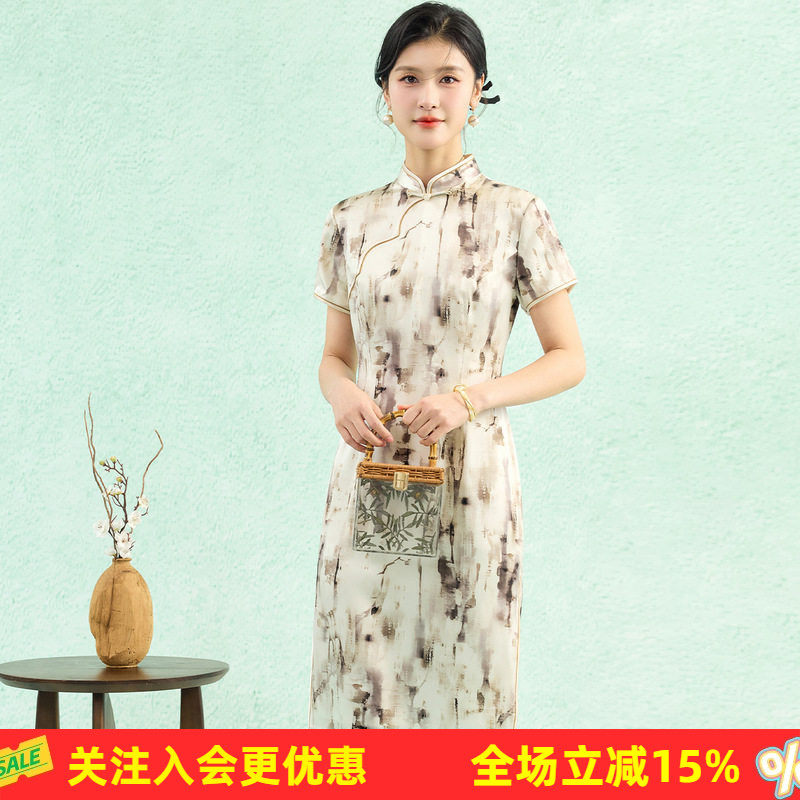 旗开得胜19姆米桑蚕丝旗袍【抽象泼墨图案】端庄大气直筒连衣裙