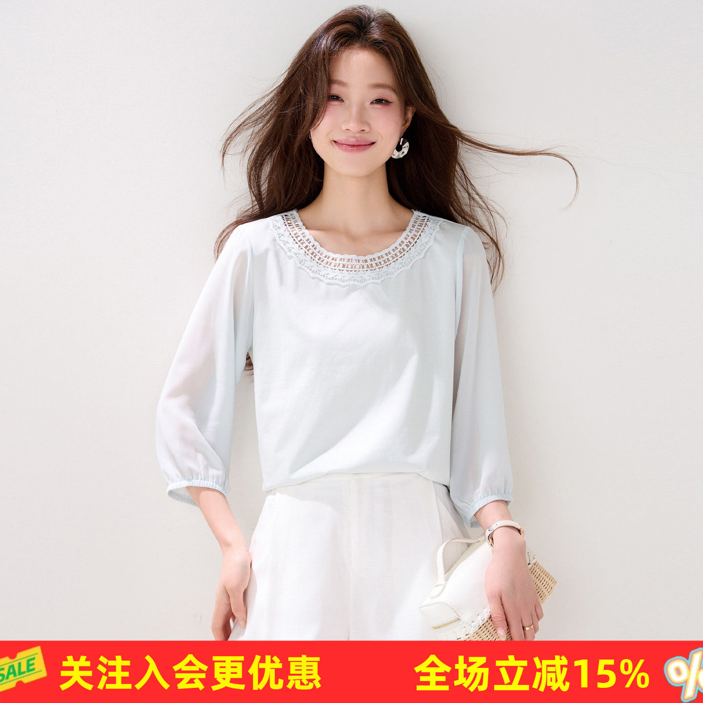 金菊春夏温柔风蕾丝领 棉身拼接雪纺灯笼中袖显瘦气质打底女式T恤