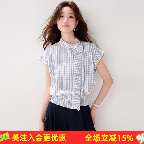 复古细格不规则翻领上衣 褶皱飞袖下摆收腰气质通勤短款女式衬衫