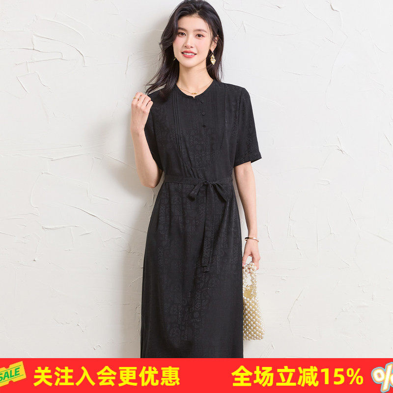 【桑蚕丝】半开襟衬衫裙圆领立体打条设计纯色春夏新款女式连衣裙