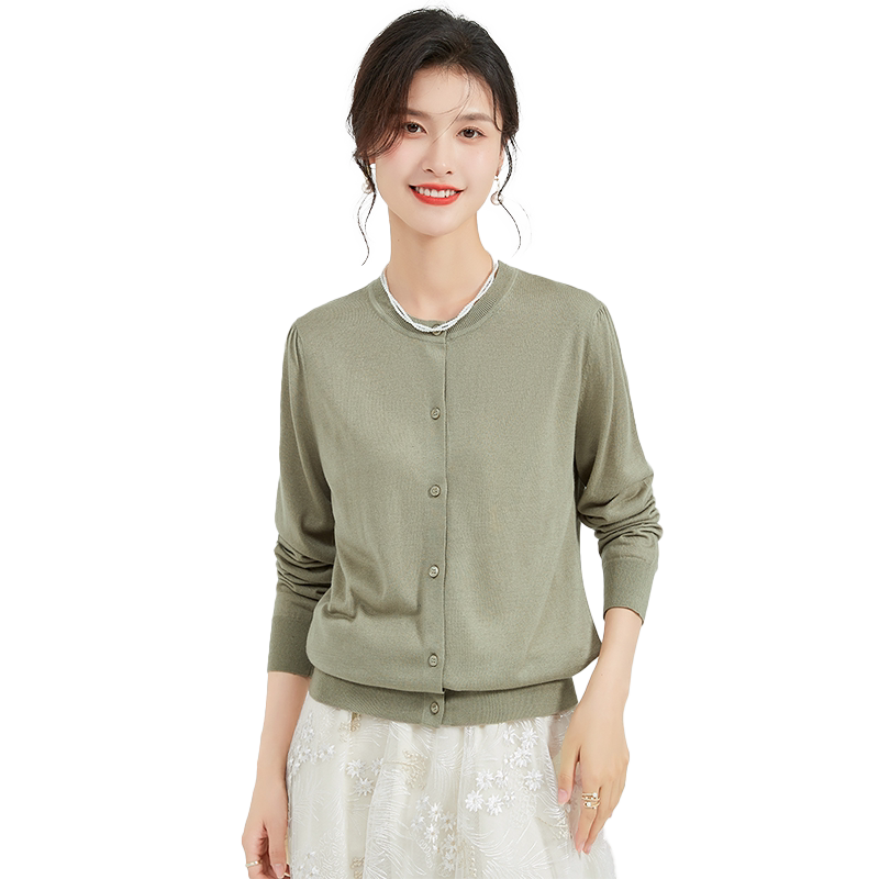 【基础开衫外套】纯色圆领含桑蚕丝羊绒长袖春季新款女式针织衫