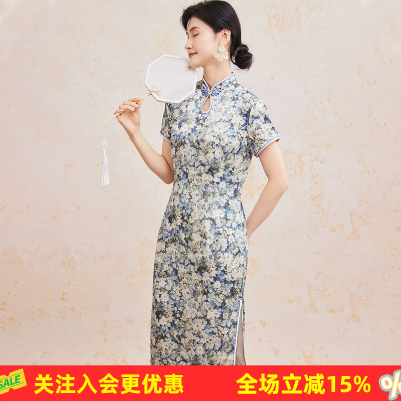 金菊桑蚕丝旗袍【古典素雅】26年夏季新品立领短中长款女式连衣裙