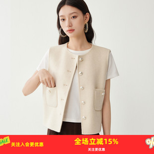 金菊【毛呢】2025叠穿单品不对称珍珠扣双袋复古风羊毛背心马甲