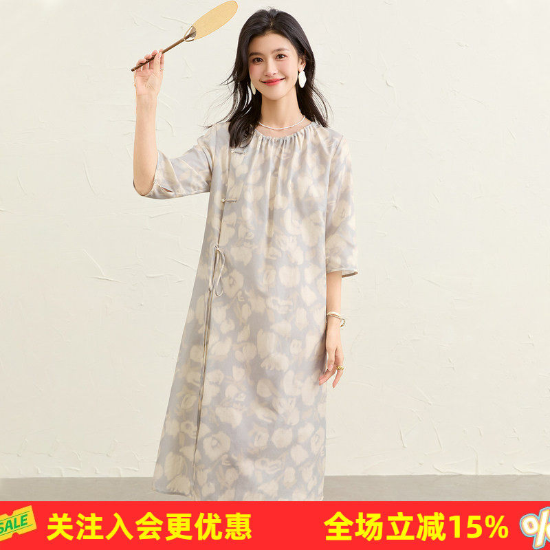 金菊2026年桑蚕丝夏季新款不规则花卉女式连衣裙