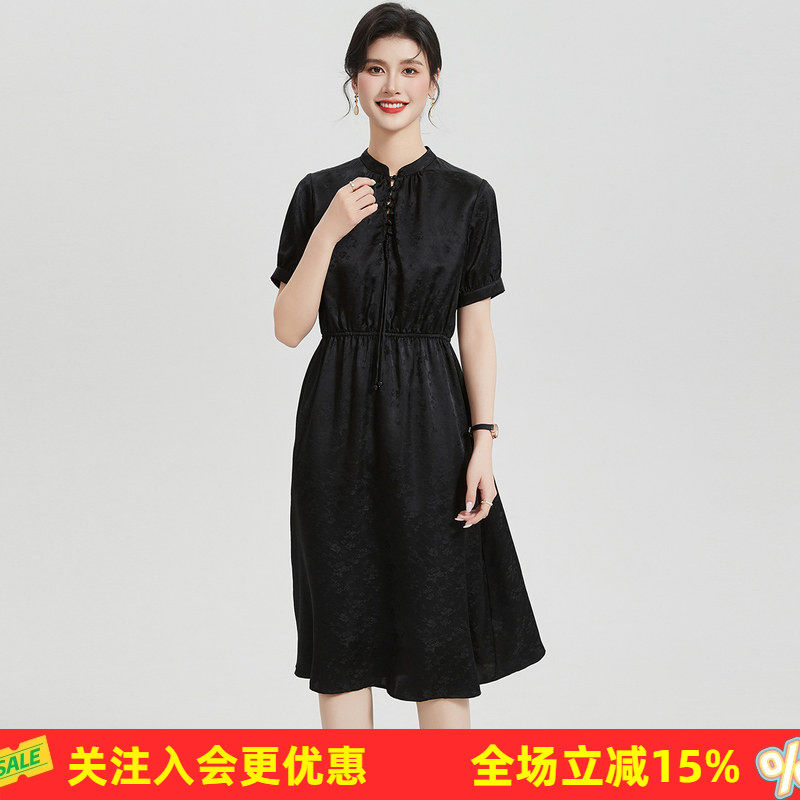 100%桑蚕丝新中式夏季纯色圆领短袖真丝中长款松紧腰连衣裙女