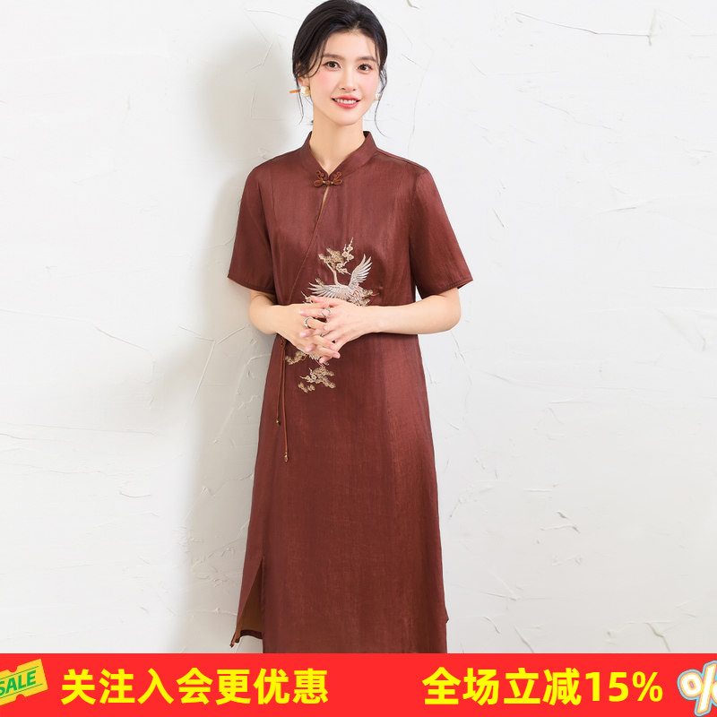 金菊红云纱真丝旗袍【100%桑蚕丝】高级感鹤松绣花春夏新品连衣裙