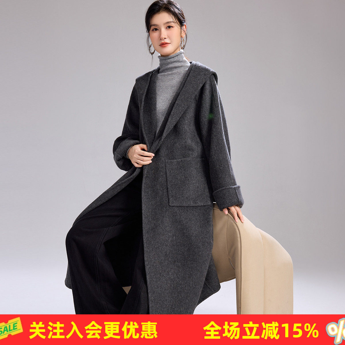 【含羊绒羊毛大衣】26春秋新款连帽系带慵懒风保暖女式长款外套