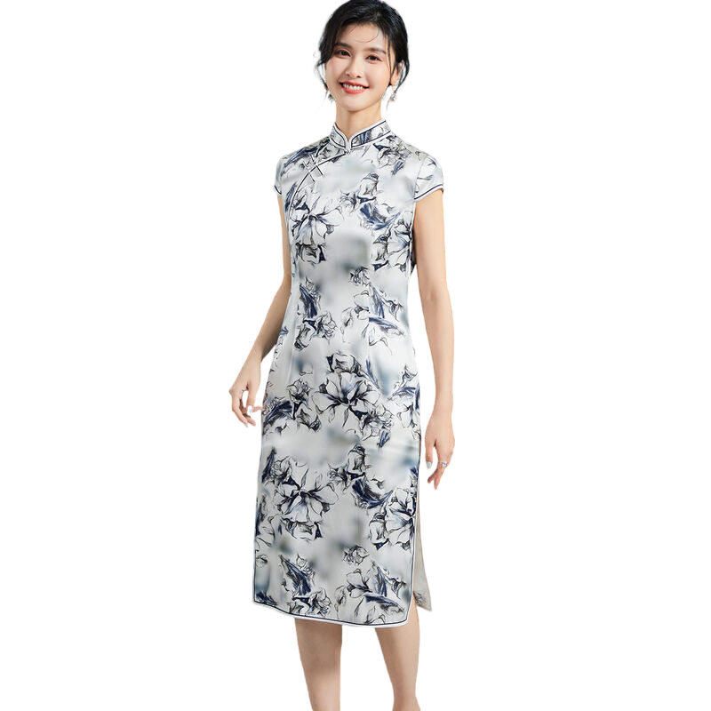 桑蚕丝【国风旗袍】夏季立领短袖中长款新中式高级感女式连衣裙