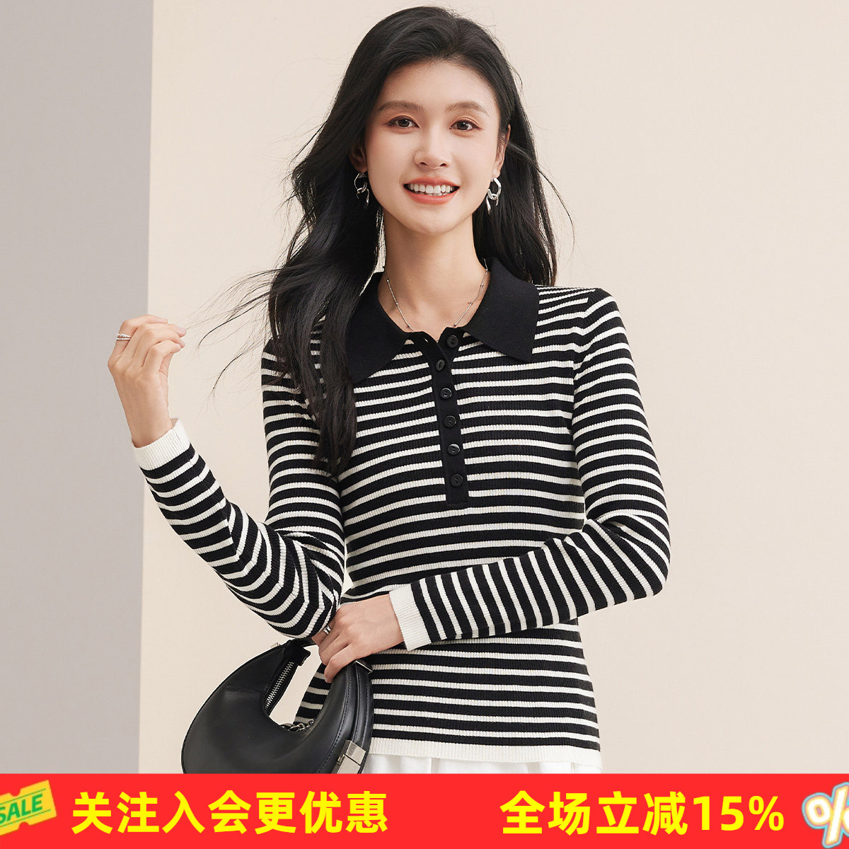 金菊26年初春新款【绵羊毛上衣】翻领条纹纽扣复古女式羊毛衫.