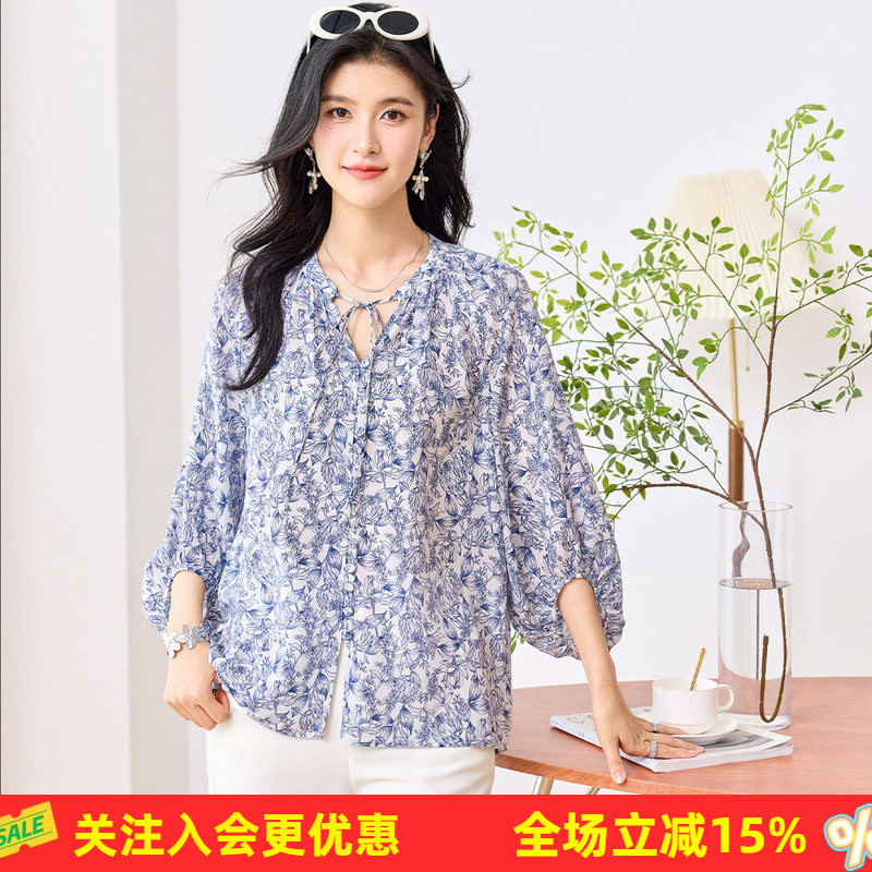 金菊双绉真丝100%桑蚕丝上衣2026夏高级感花卉印花女式T恤