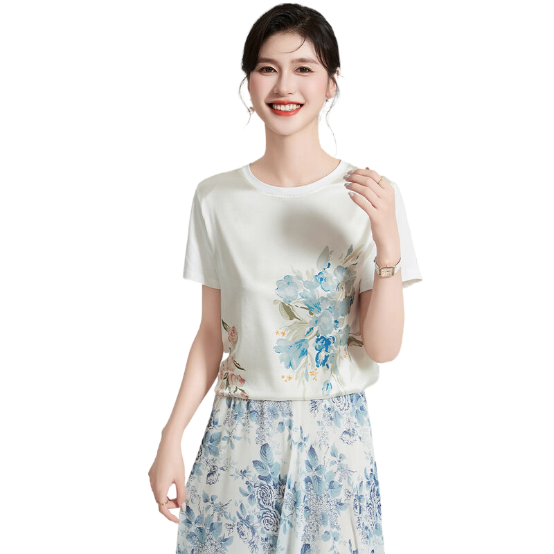 【桑蚕丝花卉印花】夏季圆领短袖纯色女式T恤通勤百搭日常