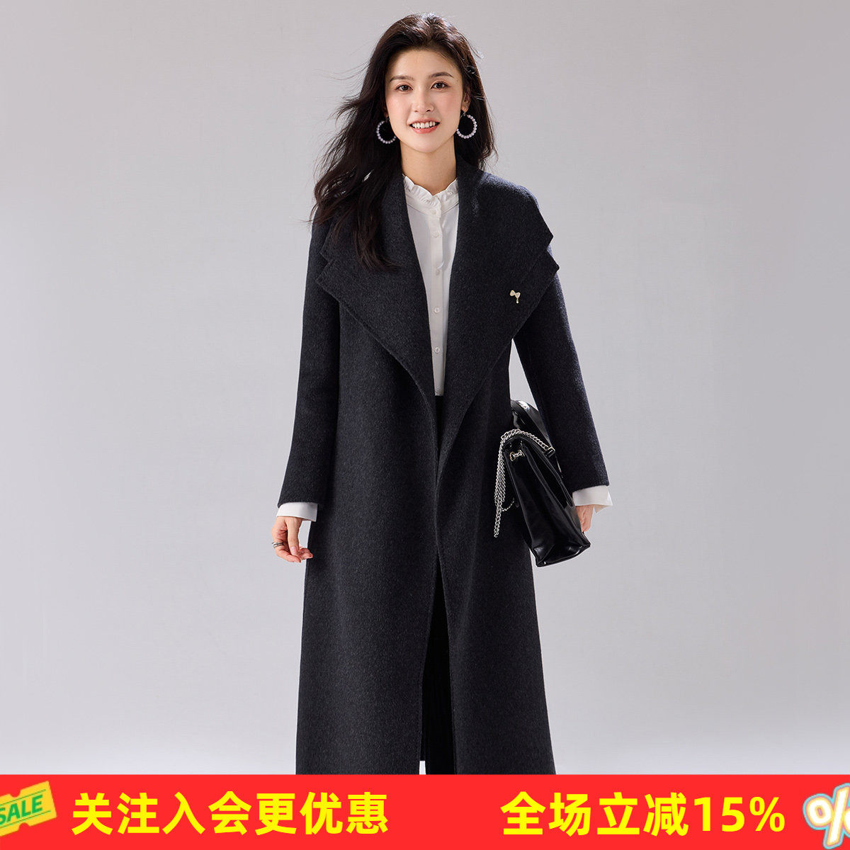 金菊【含羊绒羊毛大衣】26春秋新款系带收腰大翻领高级感长款外套