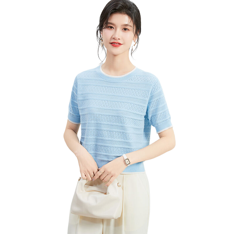 金菊撞色领口春夏时尚减龄女装圆领短袖镂空横坑条百搭女式针织衫