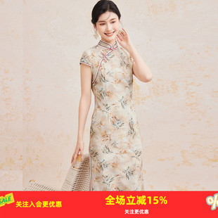 斜襟竹叶花卉女式 金菊 立领包袖 25年新品 连衣裙 桑蚕丝国风旗袍