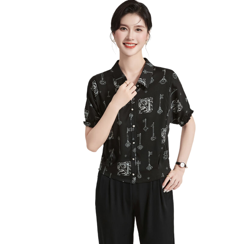 【桑蚕丝短T】夏季时尚通勤百搭翻领短袖女式衬衫短款开衫外套