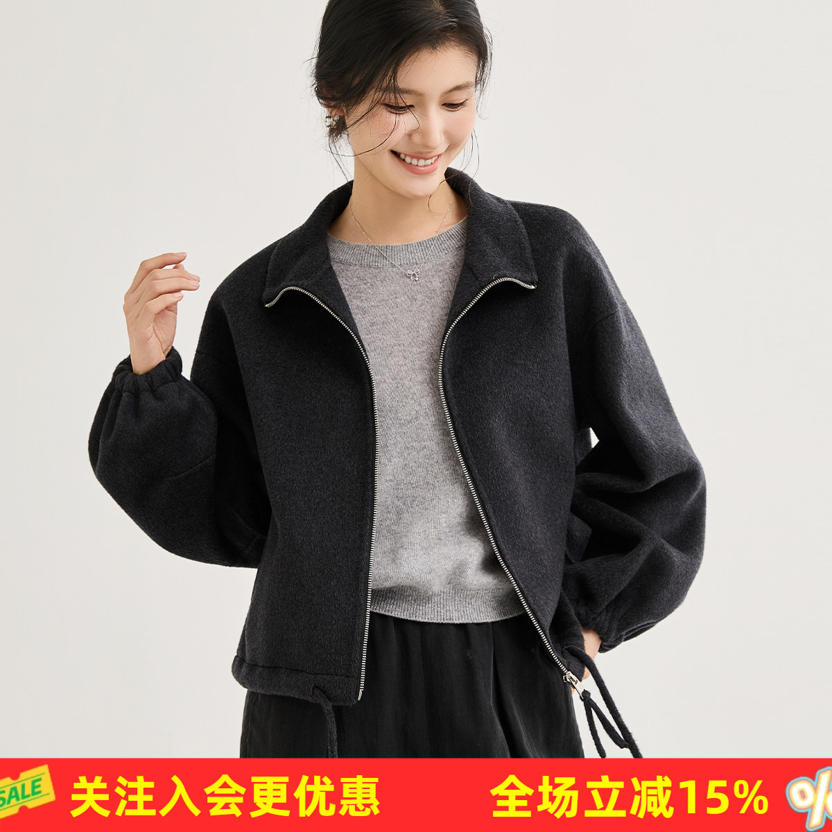 金菊绵羊毛【含羊绒】冬季26年新款翻领拉链短款休闲女式大衣