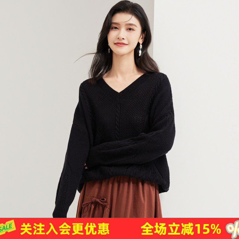 金菊套头上衣【绵羊毛100%】春秋V领长袖镂空麻花女式羊毛衫加厚