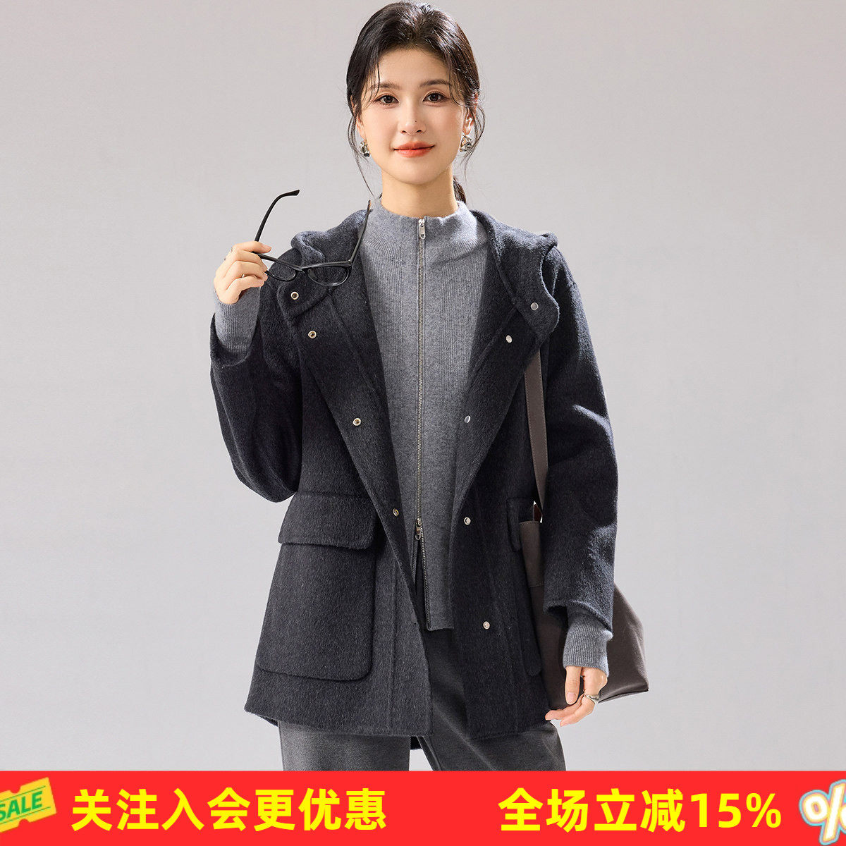 金菊【绵羊毛大衣】冬季26年新款连帽单排扣大口袋休闲开衫外套