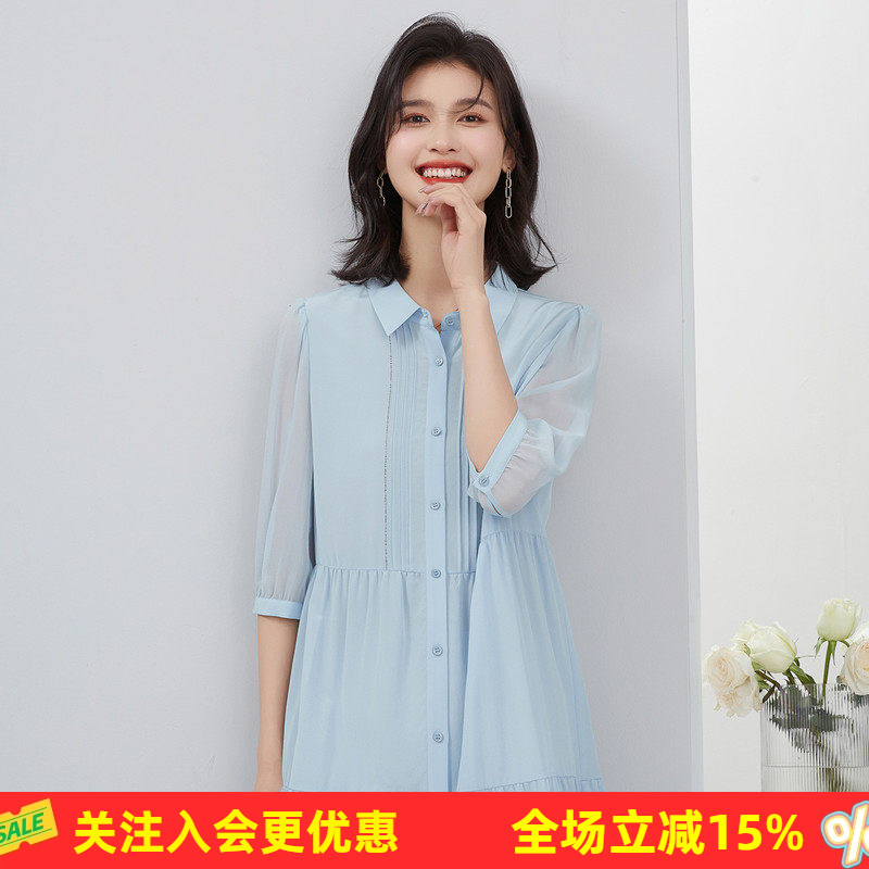 金菊桑蚕丝100%纯色翻领衬衫裙泡泡袖年春季新款女式连衣裙