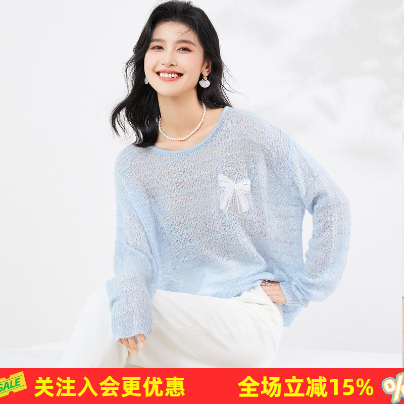 金菊圆领长袖宽松上衣2026年春秋新款女式羊毛衫甜美蝴蝶结装饰