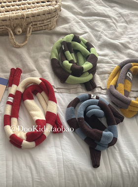 韩国ins儿童洋气卷边条纹撞色针织小围巾男女童冬季保暖穿搭围脖