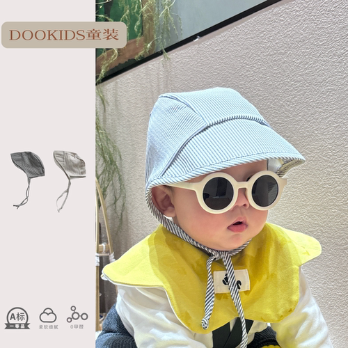 ins婴儿帽子条纹春秋款透气双层护耳帽男女宝宝宫廷帽飞机系带帽