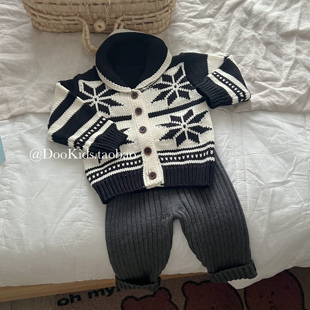 ins春秋季韩版婴儿费尔岛刺绣针织纯棉开衫男女宝宝外出洋气外套