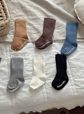 婴儿袜子春秋季双针棉袜中筒袜防滑点胶纯色男女宝宝新生儿地板袜