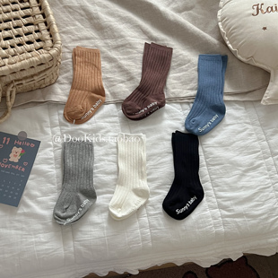 婴儿袜子春秋季双针棉袜中筒袜防滑点胶纯色男女宝宝新生儿地板袜