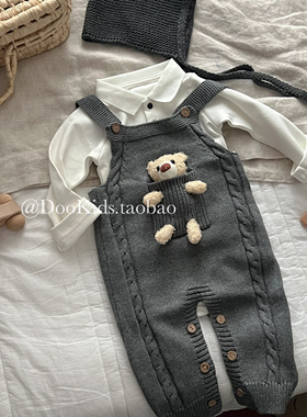 ins婴幼儿秋季小熊针织毛线背带裤翻领哈衣套装宝宝百天周岁爬服