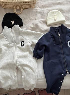 ins婴儿秋冬韩版加绒休闲字母连体衣洋气拉链宝宝外出包屁衣爬服