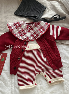 ins婴幼儿韩版秋季款针织开衫男女宝宝棉线外套百天周岁外出套装