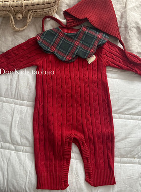 ins婴儿红色新年款麻花针织毛线连体衣男女宝宝毛衣秋冬洋气爬服