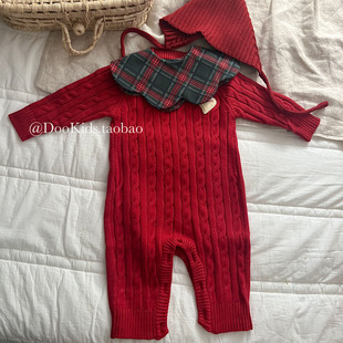 ins婴儿红色新年款麻花针织毛线连体衣男女宝宝毛衣秋冬洋气爬服