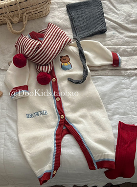 ins韩版婴幼儿秋冬季可爱小熊针织连体衣男女宝宝毛线包屁衣爬服