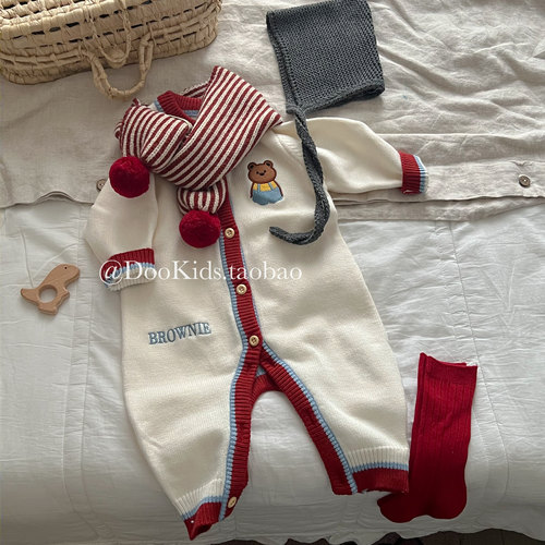 ins韩版婴幼儿秋冬季可爱小熊针织连体衣男女宝宝毛线包屁衣爬服