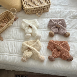 ins韩风儿童柔软小熊标圈圈纱交叉围巾秋冬婴儿宝宝保暖套口围脖