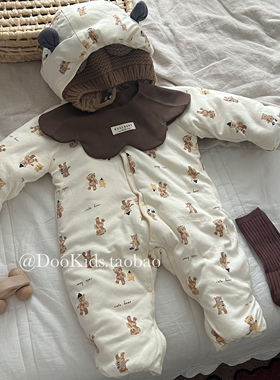 ins婴幼儿小熊秋冬款夹棉纯棉加厚新生儿外出服小月龄宝宝抱抱服