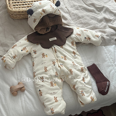 ins婴幼儿小熊秋冬款夹棉纯棉加厚新生儿外出服小月龄宝宝抱抱服