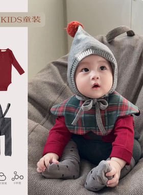 ins婴儿长袖坑条包屁衣新生儿春秋季北欧长袖哈衣宝宝外出两件套