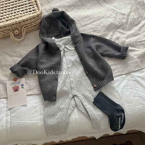 ins韩版婴儿翻领秋冬季针织连体衣男女宝宝包屁哈衣百天周岁爬服