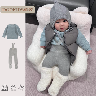 ins婴儿粗针保暖圆领针织上衣男女宝宝套头毛衣举重裤外出套装潮