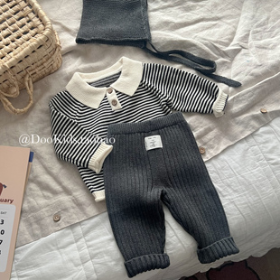 ins韩版婴儿春秋翻领针织上衣裤子套装粗针织坑条休闲长裤两件套