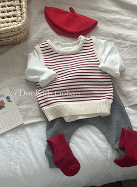 ins韩版婴幼儿韩版春秋款条纹针织圆领背心男女宝宝百搭套头马甲