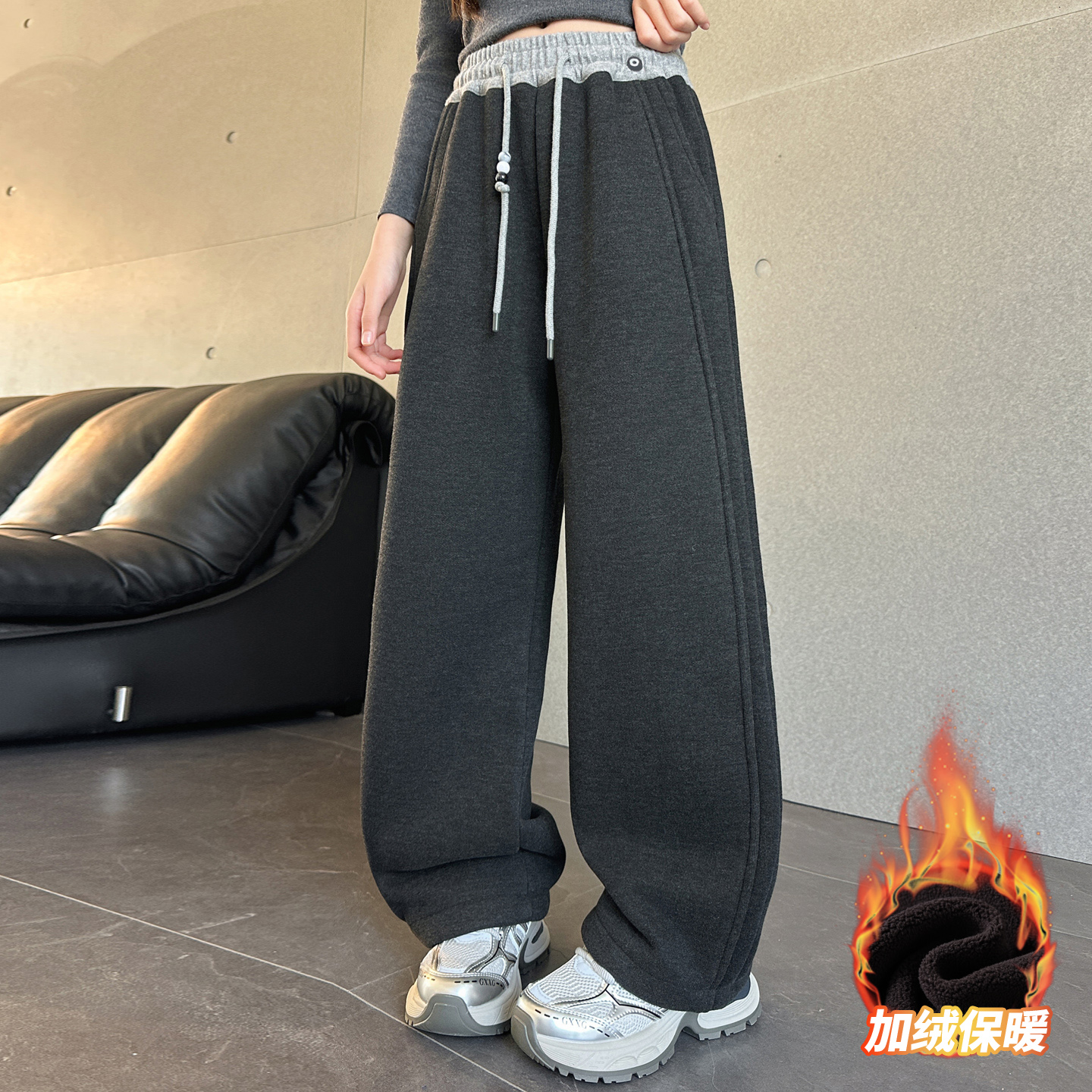 冬季加绒加厚抽绳阔腿卫裤女