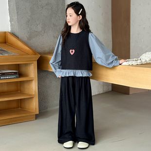 8岁9小女孩11净色牛仔背心阔腿裤 2025新款 三件套衣服 套装 女童秋装